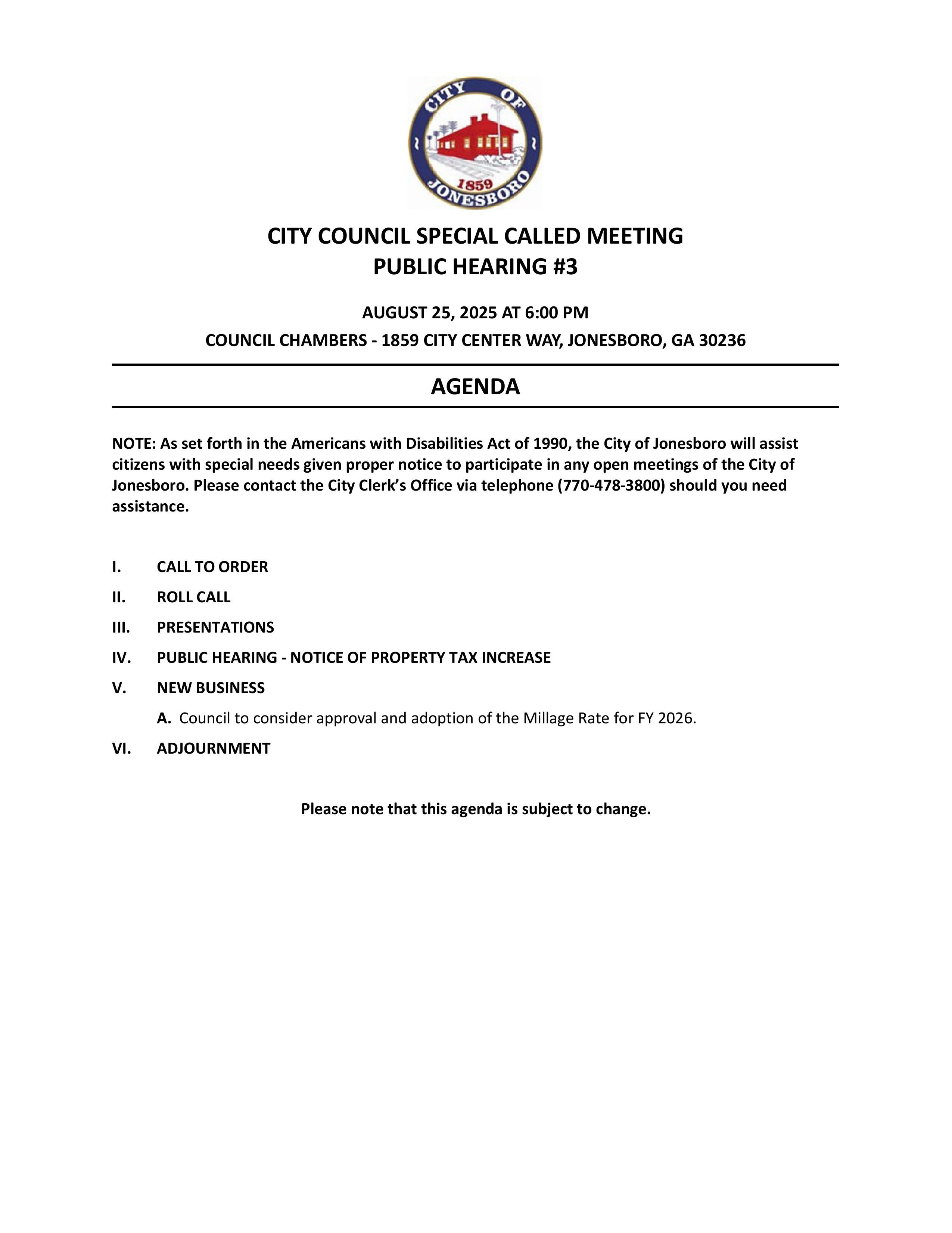 PUBLIC NOTICE - SPECIAL CALLED MEETING PUBLIC HEARING #3
